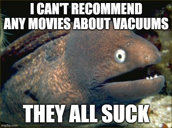 Bad Joke Eel Meme | I CAN'T RECOMMEND ANY MOVIES ABOUT VACUUMS; THEY ALL SUCK | image tagged in memes,bad joke eel | made w/ Imgflip meme maker