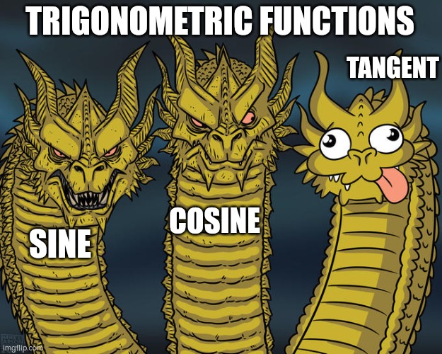 Three-headed Dragon | TRIGONOMETRIC FUNCTIONS; TANGENT; COSINE; SINE | image tagged in three-headed dragon | made w/ Imgflip meme maker