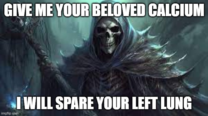 GIVE ME YOUR BELOVED CALCIUM; I WILL SPARE YOUR LEFT LUNG | made w/ Imgflip meme maker