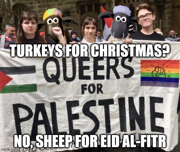 Turkeys for Christmas?  No sheep for Eid Al Fitr. | TURKEYS FOR CHRISTMAS? NO, SHEEP FOR EID AL-FITR | image tagged in sjw,palestine israel,eid,sheep | made w/ Imgflip meme maker