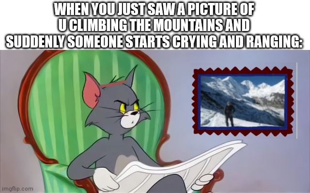Old joke but yes | WHEN YOU JUST SAW A PICTURE OF U CLIMBING THE MOUNTAINS AND SUDDENLY SOMEONE STARTS CRYING AND RANGING: | image tagged in tom cat reading a newspaper | made w/ Imgflip meme maker