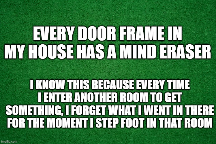 fMind Eraser | EVERY DOOR FRAME IN MY HOUSE HAS A MIND ERASER; I KNOW THIS BECAUSE EVERY TIME I ENTER ANOTHER ROOM TO GET SOMETHING, I FORGET WHAT I WENT IN THERE FOR THE MOMENT I STEP FOOT IN THAT ROOM | image tagged in funny | made w/ Imgflip meme maker