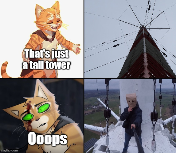 Drake Meme, puss in boots | That's just a tall tower; Ooops | image tagged in puss in boots,drake meme,paperbag,head,germany,latticeclimbing | made w/ Imgflip meme maker