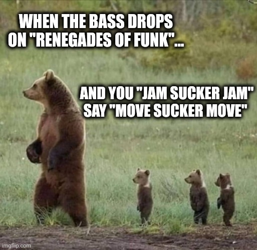 Jam sucker jam | WHEN THE BASS DROPS ON "RENEGADES OF FUNK"... AND YOU "JAM SUCKER JAM"
SAY "MOVE SUCKER MOVE" | image tagged in stand tall | made w/ Imgflip meme maker