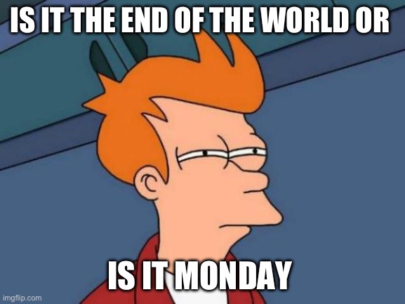 Futurama Fry | IS IT THE END OF THE WORLD OR; IS IT MONDAY | image tagged in memes,futurama fry | made w/ Imgflip meme maker