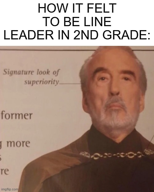 Signature Look of superiority | HOW IT FELT TO BE LINE LEADER IN 2ND GRADE: | image tagged in signature look of superiority | made w/ Imgflip meme maker