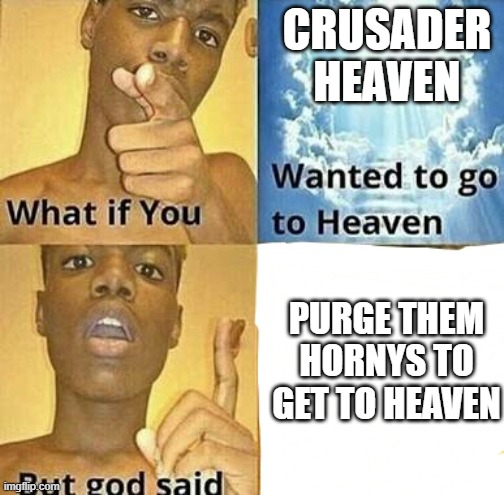 PURGE THEM | CRUSADER HEAVEN; PURGE THEM HORNYS TO GET TO HEAVEN | image tagged in the purge | made w/ Imgflip meme maker