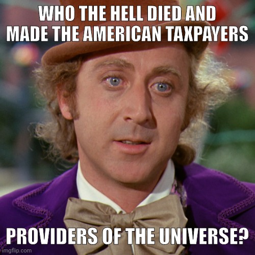 Why do we have to provide for everyone? | WHO THE HELL DIED AND MADE THE AMERICAN TAXPAYERS; PROVIDERS OF THE UNIVERSE? | image tagged in memes | made w/ Imgflip meme maker