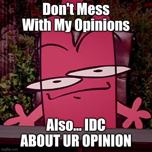 DON'T | Don't Mess With My Opinions; Also... IDC ABOUT UR OPINION | image tagged in kratcy - cfmot | made w/ Imgflip meme maker