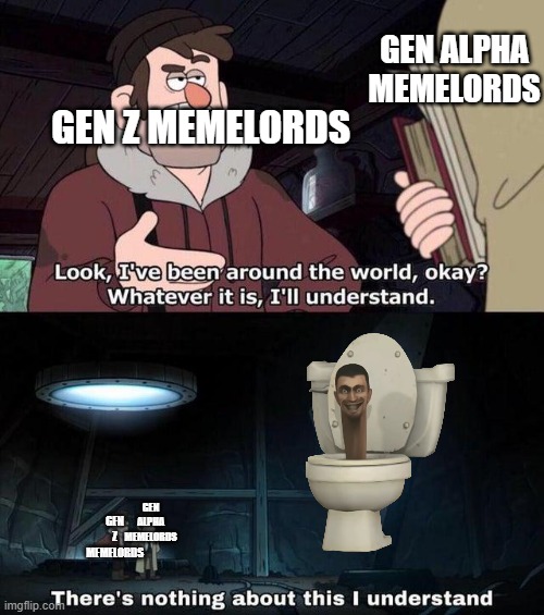 I think i'm getting too old for this | GEN ALPHA MEMELORDS; GEN Z MEMELORDS; GEN Z MEMELORDS; GEN ALPHA MEMELORDS | image tagged in there's nothing about this i understand,memes,gen z,skibidi toilet | made w/ Imgflip meme maker