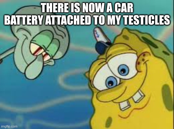 Spongebob and Squidward Looking Down | THERE IS NOW A CAR BATTERY ATTACHED TO MY TESTICLES | image tagged in spongebob and squidward looking down | made w/ Imgflip meme maker