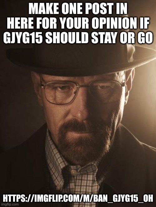 https://imgflip.com/m/Ban_gjyg15_oh | MAKE ONE POST IN HERE FOR YOUR OPINION IF GJYG15 SHOULD STAY OR GO; HTTPS://IMGFLIP.COM/M/BAN_GJYG15_OH | image tagged in walter white | made w/ Imgflip meme maker