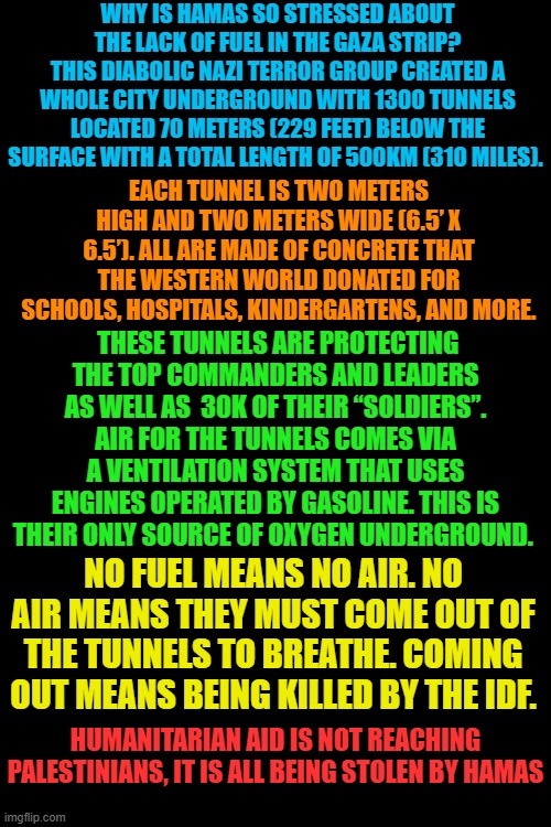 This from open source Israeli Intelligence. Other news- Gaza hospitals report they have received no aid from the 100 truckloads  | WHY IS HAMAS SO STRESSED ABOUT THE LACK OF FUEL IN THE GAZA STRIP?
THIS DIABOLIC NAZI TERROR GROUP CREATED A WHOLE CITY UNDERGROUND WITH 1300 TUNNELS LOCATED 70 METERS (229 FEET) BELOW THE SURFACE WITH A TOTAL LENGTH OF 500KM (310 MILES). EACH TUNNEL IS TWO METERS HIGH AND TWO METERS WIDE (6.5’ X 6.5’). ALL ARE MADE OF CONCRETE THAT THE WESTERN WORLD DONATED FOR SCHOOLS, HOSPITALS, KINDERGARTENS, AND MORE. THESE TUNNELS ARE PROTECTING THE TOP COMMANDERS AND LEADERS AS WELL AS  30K OF THEIR “SOLDIERS”. AIR FOR THE TUNNELS COMES VIA A VENTILATION SYSTEM THAT USES ENGINES OPERATED BY GASOLINE. THIS IS THEIR ONLY SOURCE OF OXYGEN UNDERGROUND. NO FUEL MEANS NO AIR. NO AIR MEANS THEY MUST COME OUT OF THE TUNNELS TO BREATHE. COMING OUT MEANS BEING KILLED BY THE IDF. HUMANITARIAN AID IS NOT REACHING PALESTINIANS, IT IS ALL BEING STOLEN BY HAMAS | image tagged in plain black template | made w/ Imgflip meme maker