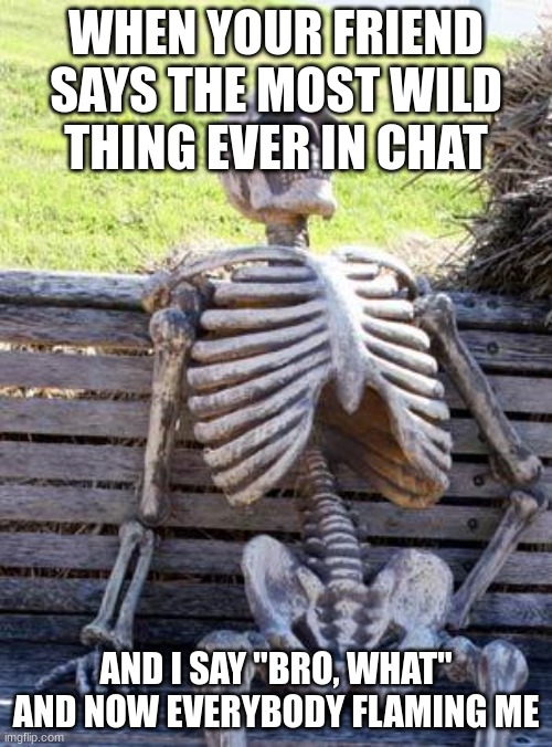 This happens all the time | WHEN YOUR FRIEND SAYS THE MOST WILD THING EVER IN CHAT; AND I SAY "BRO, WHAT" AND NOW EVERYBODY FLAMING ME | image tagged in memes,waiting skeleton | made w/ Imgflip meme maker