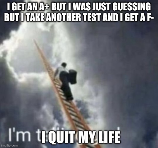 Im telling god | I GET AN A+ BUT I WAS JUST GUESSING BUT I TAKE ANOTHER TEST AND I GET A F-; I QUIT MY LIFE | image tagged in im telling god | made w/ Imgflip meme maker