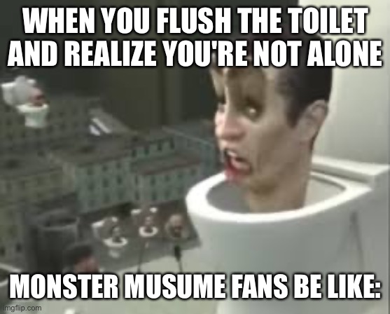 Skibidi toilet meme | WHEN YOU FLUSH THE TOILET AND REALIZE YOU'RE NOT ALONE; MONSTER MUSUME FANS BE LIKE: | image tagged in skibidi toilet meme | made w/ Imgflip meme maker