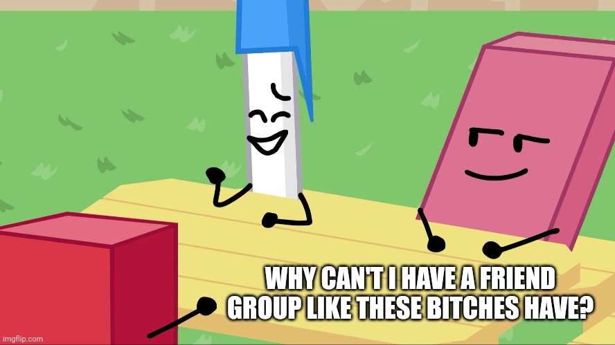 It's sad really | WHY CAN'T I HAVE A FRIEND GROUP LIKE THESE BITCHES HAVE? | image tagged in bfdi,pen bfdi,eraser bfdi,blocky bfdi | made w/ Imgflip meme maker