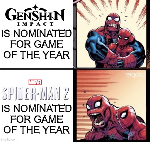 And the award for game of the year goes to… | IS NOMINATED FOR GAME OF THE YEAR; IS NOMINATED FOR GAME OF THE YEAR | image tagged in spider-man and rek-rap cheering | made w/ Imgflip meme maker
