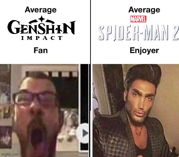 Genshin Impact vs Marvel’s Spider-Man 2 | image tagged in average fan vs average enjoyer,spiderman,genshin impact | made w/ Imgflip meme maker