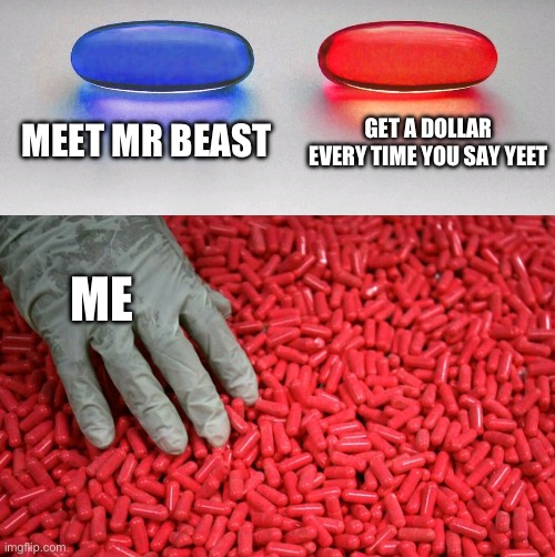 Red | MEET MR BEAST; GET A DOLLAR EVERY TIME YOU SAY YEET; ME | image tagged in blue or red pill | made w/ Imgflip meme maker