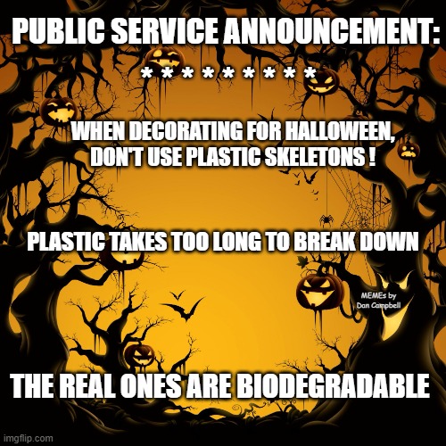 Halloween  | PUBLIC SERVICE ANNOUNCEMENT:; * * * * * * * * *; WHEN DECORATING FOR HALLOWEEN, DON'T USE PLASTIC SKELETONS ! PLASTIC TAKES TOO LONG TO BREAK DOWN; MEMEs by Dan Campbell; THE REAL ONES ARE BIODEGRADABLE | image tagged in halloween | made w/ Imgflip meme maker