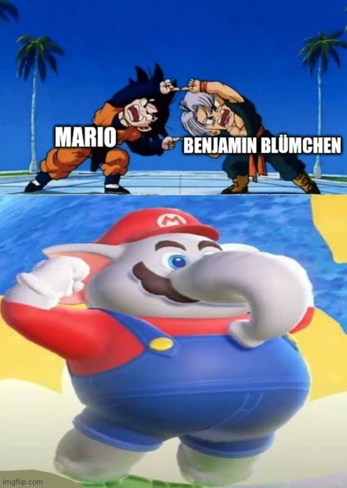 Barnacles! What could be better than a giant Harold Flower? Elephant Mario, perhaps? | image tagged in dbz fusion,elephant,super mario bros | made w/ Imgflip meme maker