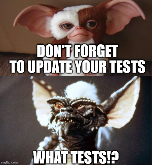 Tests | DON'T FORGET TO UPDATE YOUR TESTS; WHAT TESTS!? | image tagged in programming | made w/ Imgflip meme maker