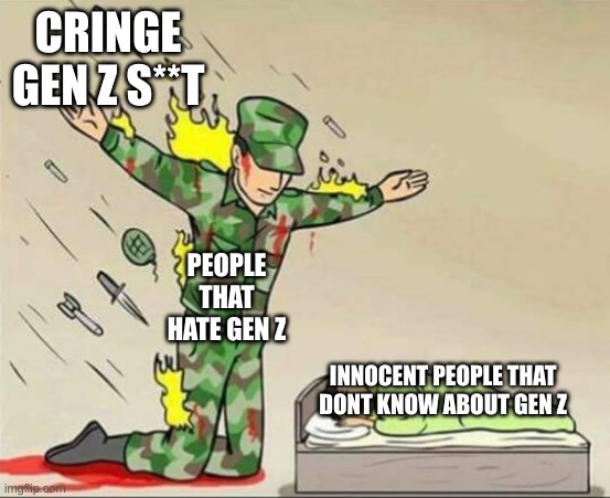 gen z in a nutshell | CRINGE GEN Z S**T; PEOPLE THAT HATE GEN Z; INNOCENT PEOPLE THAT DONT KNOW ABOUT GEN Z | image tagged in soldier protecting sleeping child | made w/ Imgflip meme maker