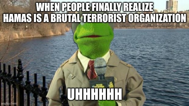 Kermit News Report | WHEN PEOPLE FINALLY REALIZE HAMAS IS A BRUTAL TERRORIST ORGANIZATION; UHHHHHH | image tagged in kermit news report | made w/ Imgflip meme maker