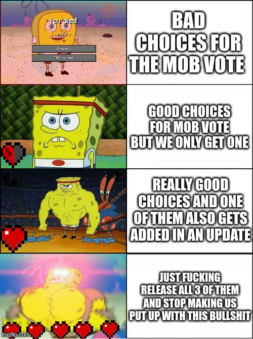 Sponge Finna Commit Muder | BAD CHOICES FOR THE MOB VOTE; GOOD CHOICES FOR MOB VOTE BUT WE ONLY GET ONE; REALLY GOOD CHOICES AND ONE OF THEM ALSO GETS ADDED IN AN UPDATE; JUST FUCKING RELEASE ALL 3 OF THEM AND STOP MAKING US PUT UP WITH THIS BULLSHIT | image tagged in sponge finna commit muder | made w/ Imgflip meme maker