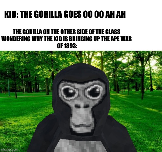 I wonder what the animals think we say | KID: THE GORILLA GOES OO OO AH AH; THE GORILLA ON THE OTHER SIDE OF THE GLASS 
WONDERING WHY THE KID IS BRINGING UP THE APE WAR 
OF 1893: | image tagged in grass and trees,monke | made w/ Imgflip meme maker