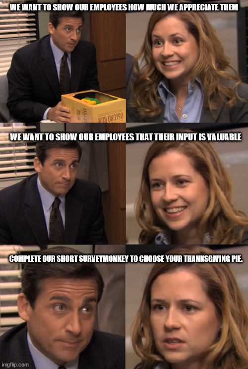 Thanksgiving Pie time | WE WANT TO SHOW OUR EMPLOYEES HOW MUCH WE APPRECIATE THEM; WE WANT TO SHOW OUR EMPLOYEES THAT THEIR INPUT IS VALUABLE; COMPLETE OUR SHORT SURVEYMONKEY TO CHOOSE YOUR THANKSGIVING PIE. | image tagged in michael scott telling pam something disappointing | made w/ Imgflip meme maker
