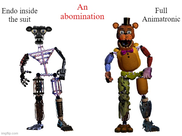 An Abomination | Endo inside the suit; An abomination; Full Animatronic | image tagged in fnaf,fnaf2,fnaf 3,fnaf 4 | made w/ Imgflip meme maker