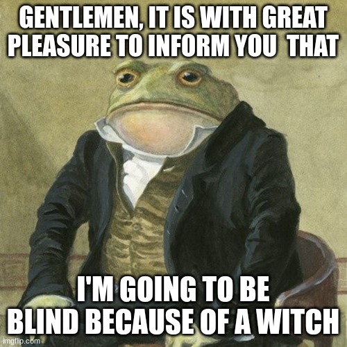 Gentlemen, it is with great pleasure to inform you that | GENTLEMEN, IT IS WITH GREAT PLEASURE TO INFORM YOU  THAT I'M GOING TO BE BLIND BECAUSE OF A WITCH | image tagged in gentlemen it is with great pleasure to inform you that | made w/ Imgflip meme maker