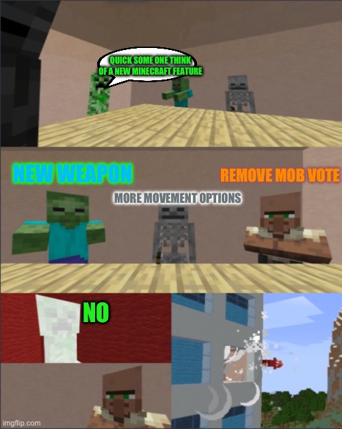 No | QUICK SOME ONE THINK OF A NEW MINECRAFT FEATURE; REMOVE MOB VOTE; NEW WEAPON; MORE MOVEMENT OPTIONS; NO | image tagged in minecraft boardroom meeting | made w/ Imgflip meme maker