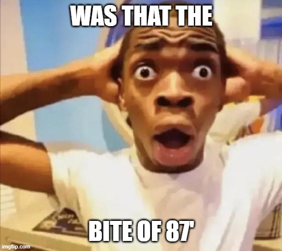 The Bite Of 87 | WAS THAT THE; BITE OF 87' | image tagged in guy with shocked face | made w/ Imgflip meme maker