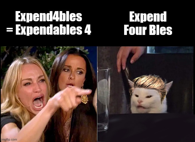 Expend4bles? | Expend4bles = Expendables 4; Expend Four Bles | image tagged in white cat table blonde | made w/ Imgflip meme maker