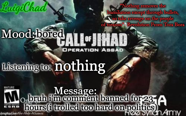 damn site mids | bored; nothing; bruh i'm comment banned for 23 hours(i trolled too hard on politics) | image tagged in luigichad announcement with nasheed quote | made w/ Imgflip meme maker