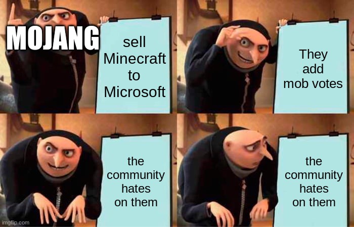 sell Minecraft to Microsoft They add mob votes the community hates on them the community hates on them MOJANG | image tagged in memes,gru's plan | made w/ Imgflip meme maker