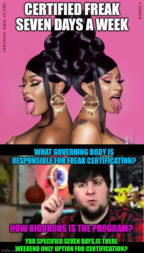 CERTIFIED FREAK SEVEN DAYS A WEEK; WHAT GOVERNING BODY IS RESPONSIBLE FOR FREAK CERTIFICATION? HOW RIGOROUS IS THE PROGRAM? YOU SPECIFIED SEVEN DAYS,IS THERE WEEKEND ONLY OPTION FOR CERTIFICATION? | image tagged in wap,jontron i have several questions | made w/ Imgflip meme maker