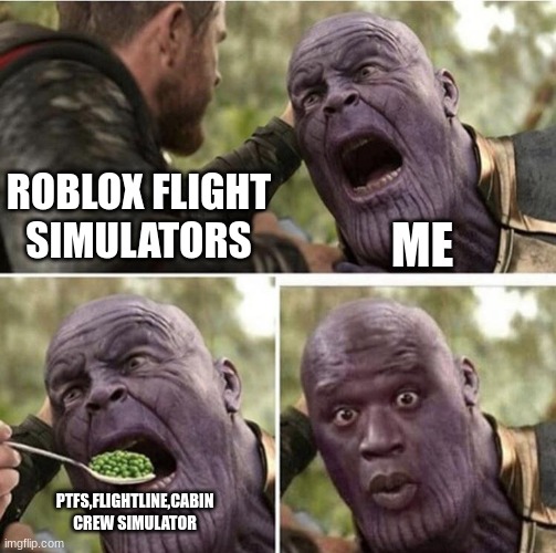 the best flight simulators on roblox | ROBLOX FLIGHT SIMULATORS; ME; PTFS,FLIGHTLINE,CABIN CREW SIMULATOR | image tagged in thor feeding thanos,roblox | made w/ Imgflip meme maker
