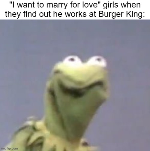 Kermit Cringe | "I want to marry for love" girls when
they find out he works at Burger King: | image tagged in kermit cringe | made w/ Imgflip meme maker