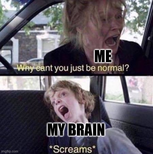 Why Can't You Just Be Normal | ME; MY BRAIN | image tagged in why can't you just be normal | made w/ Imgflip meme maker