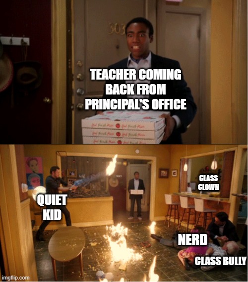 The class when teacher is out be like | TEACHER COMING BACK FROM PRINCIPAL'S OFFICE; CLASS CLOWN; QUIET KID; NERD; CLASS BULLY | image tagged in community fire pizza meme,funny,school,quiet kid,class,classroom | made w/ Imgflip meme maker