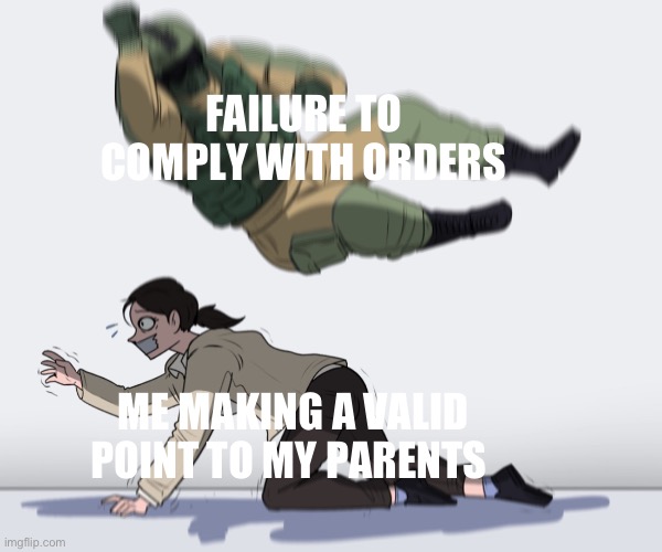 How it feel tho | FAILURE TO COMPLY WITH ORDERS; ME MAKING A VALID POINT TO MY PARENTS | image tagged in rainbow six - fuze the hostage | made w/ Imgflip meme maker