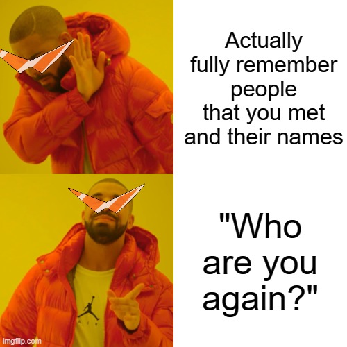 Kamina fr | Actually fully remember people that you met and their names; "Who are you again?" | image tagged in memes,drake hotline bling | made w/ Imgflip meme maker