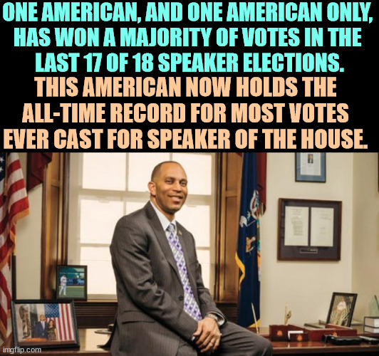 Yes, his name is Hakeem. | ONE AMERICAN, AND ONE AMERICAN ONLY, 
HAS WON A MAJORITY OF VOTES IN THE 
LAST 17 OF 18 SPEAKER ELECTIONS. THIS AMERICAN NOW HOLDS THE ALL-TIME RECORD FOR MOST VOTES EVER CAST FOR SPEAKER OF THE HOUSE. | image tagged in speaker,house,elections,winner,hakeem jeffries | made w/ Imgflip meme maker