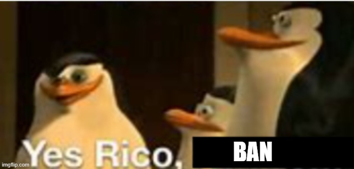 Yes Rico, (Blank) | BAN | image tagged in yes rico blank | made w/ Imgflip meme maker