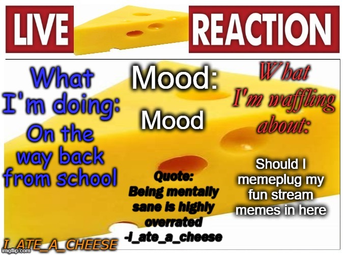 i_ate_a_cheese announcement template NEW | Mood; On the way back from school; Should I memeplug my fun stream memes in here | image tagged in i_ate_a_cheese announcement template new | made w/ Imgflip meme maker