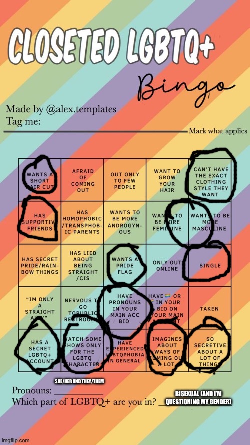 Closeted LGBTQ+ Bingo | SHE/HER AND THEY/THEM; BISEXUAL (AND I’M QUESTIONING MY GENDER) | image tagged in closeted lgbtq bingo | made w/ Imgflip meme maker